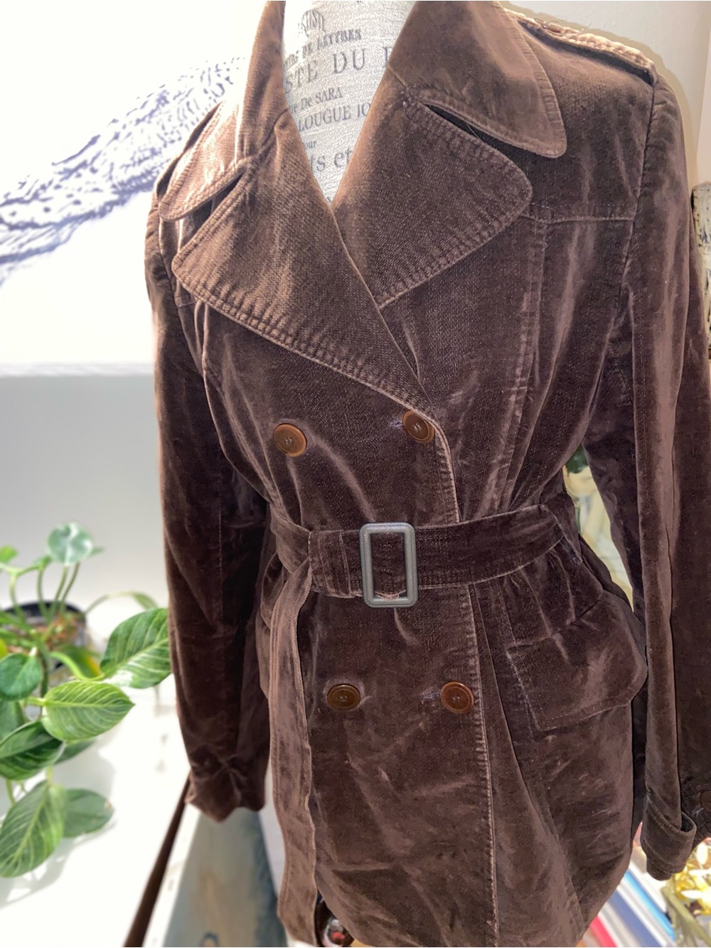 Trafalgar Brown Velvet Double-Breasted Trench Coat with Belt